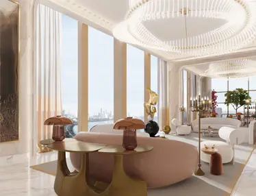Living room with orange sofa and wooden partition